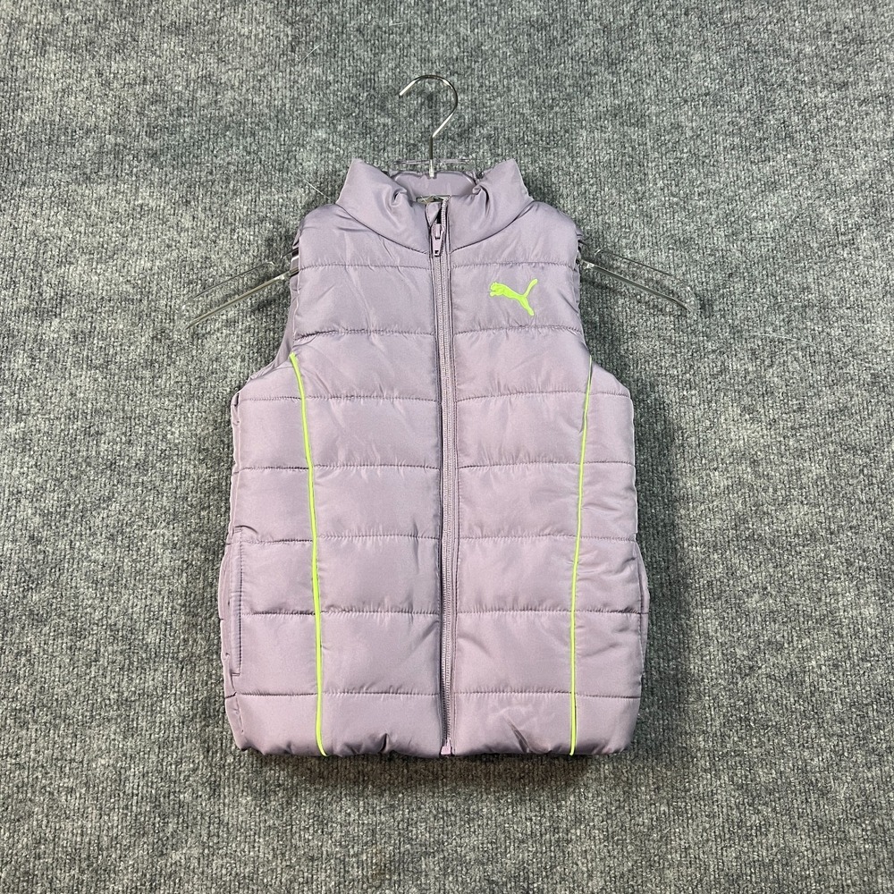 Puma Puffer Vest Girls Small Purple Lined Insulated Quilted Embroidered Full Zip